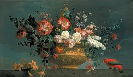 Composición floral con loro